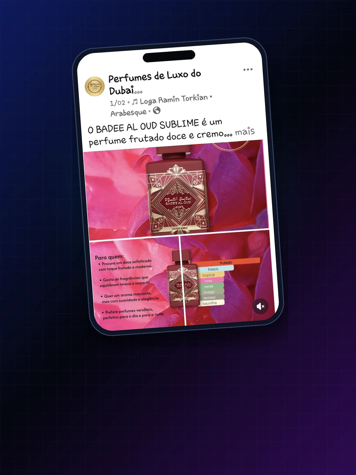 Conteúdo para redes sociais desenvolvido para Perfumes de Luxo do Dubai