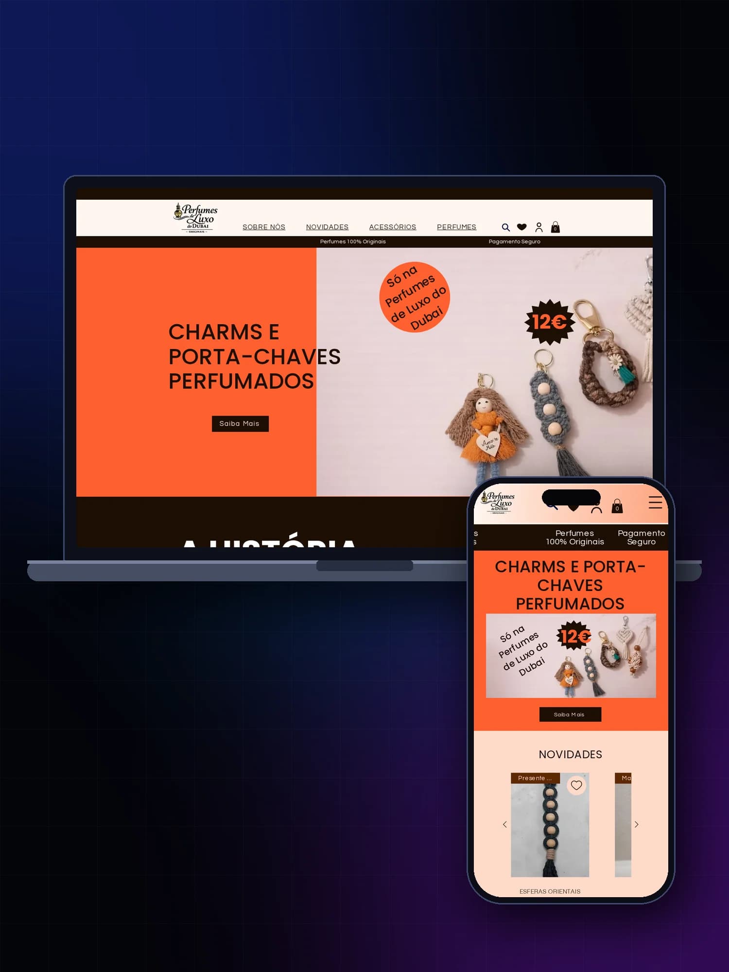 Website da Perfumes de Luxo do Dubai apresentado em portátil e telemóvel